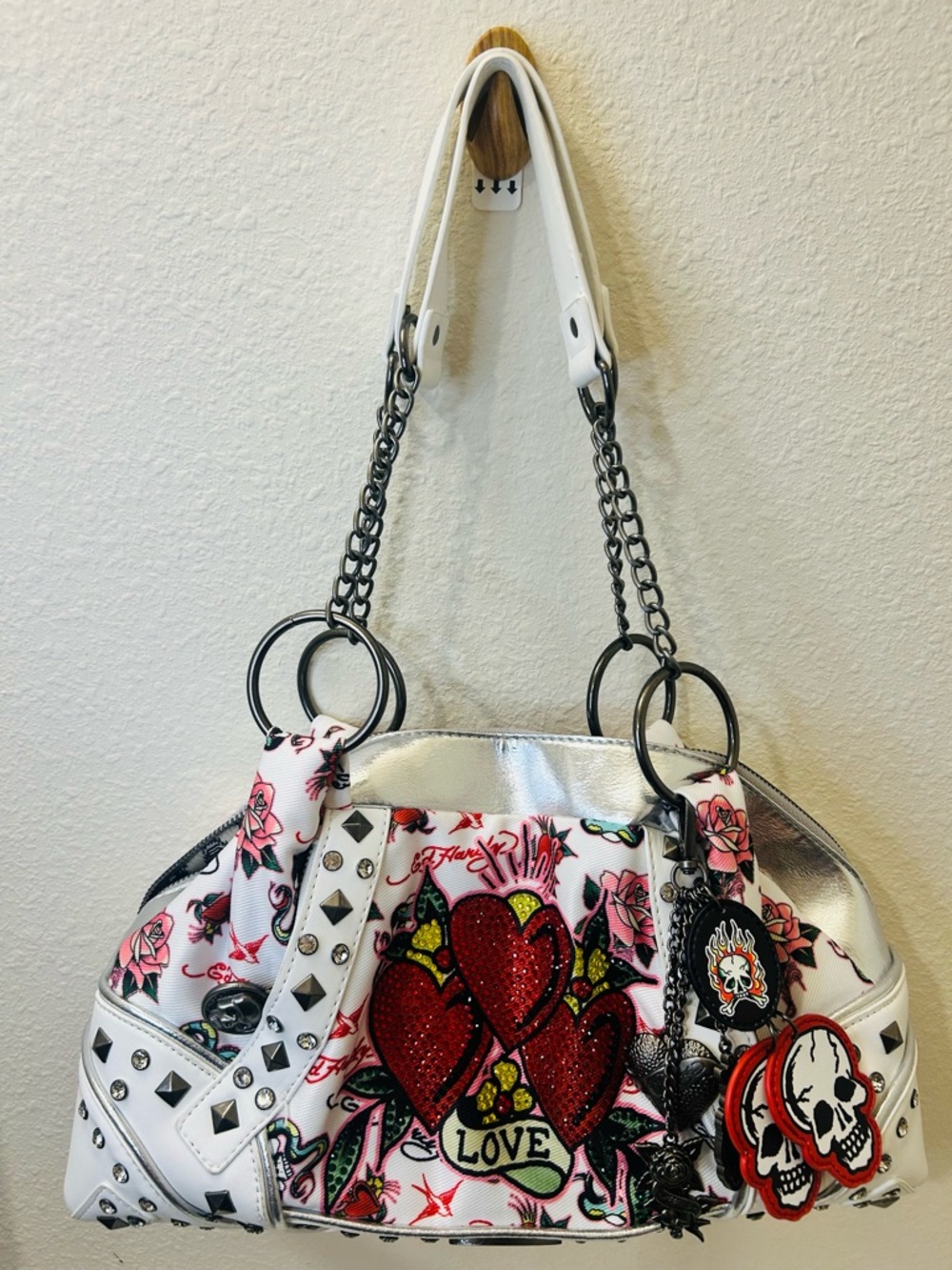 Ed Hardy Love Hearts Skull Roses Studded Satchel Handbag Silver White Vegan Tote